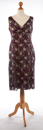 Whistles Silk Dress with Lace Panels Burgundy with Green Flowers UK 14 - Ava & Iva