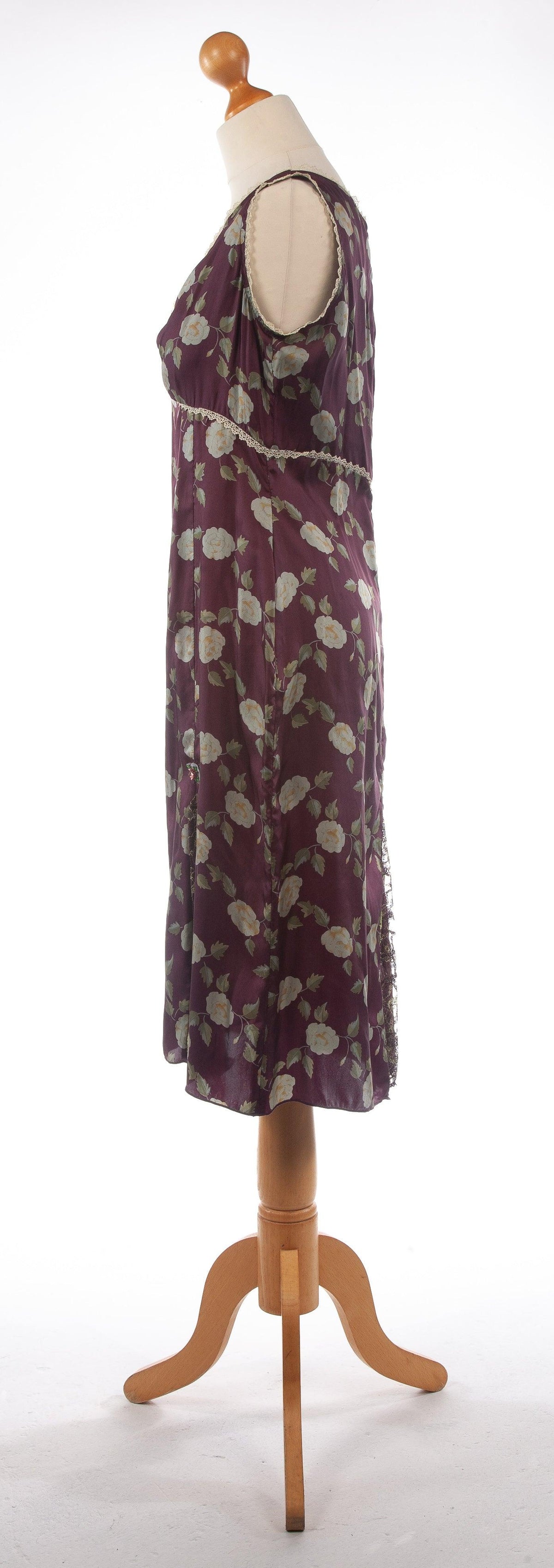 Whistles Silk Dress with Lace Panels Burgundy with Green Flowers UK 14 - Ava & Iva