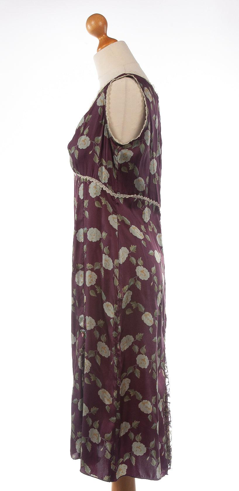 Whistles Silk Dress with Lace Panels Burgundy with Green Flowers UK 14 - Ava & Iva