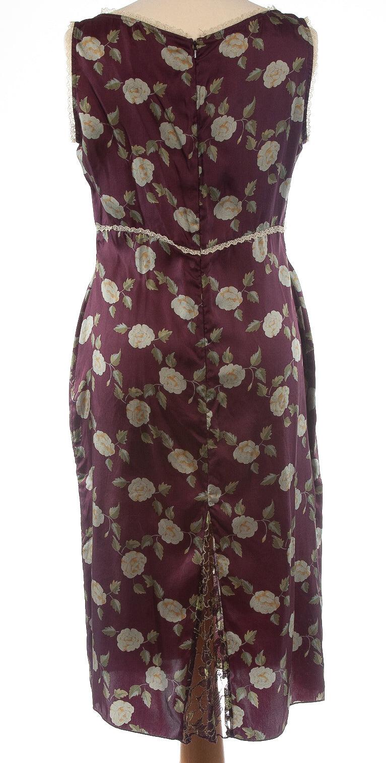 Whistles Silk Dress with Lace Panels Burgundy with Green Flowers UK 14 - Ava & Iva