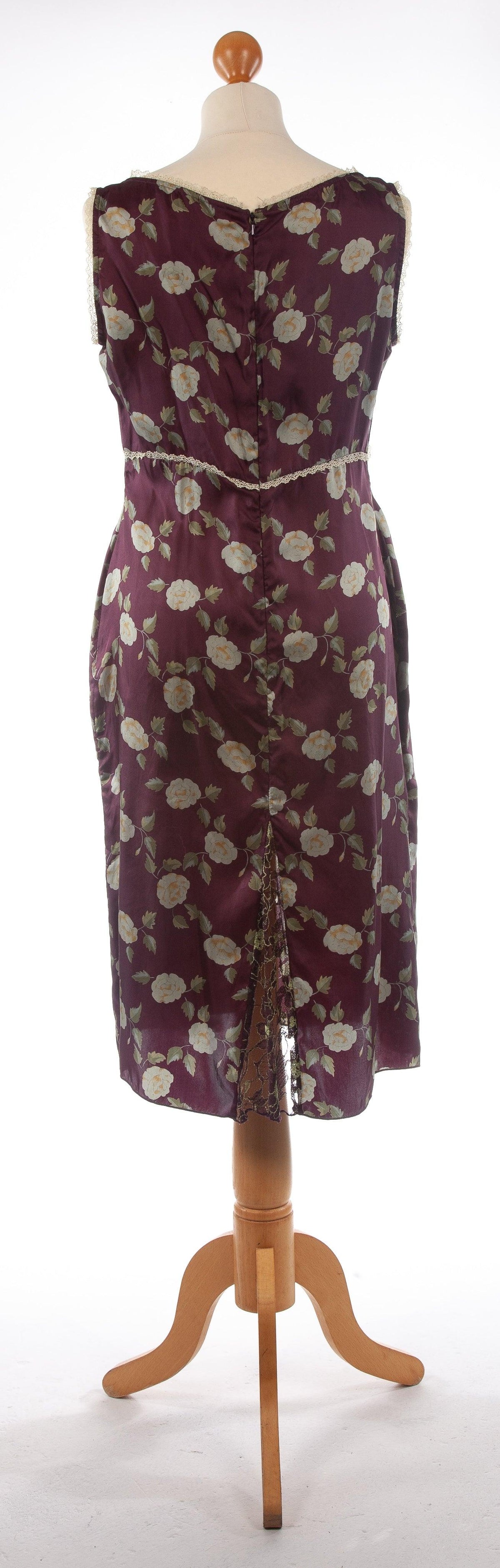 Whistles Silk Dress with Lace Panels Burgundy with Green Flowers UK 14 - Ava & Iva