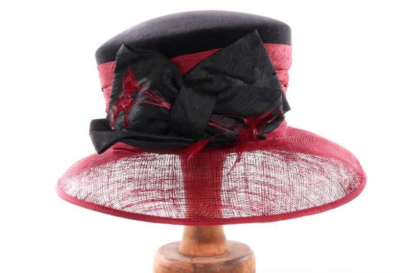Burgundy and Black Formal Hat with Velvet Crown and Sinamay Brim 55.5cm - Ava & Iva