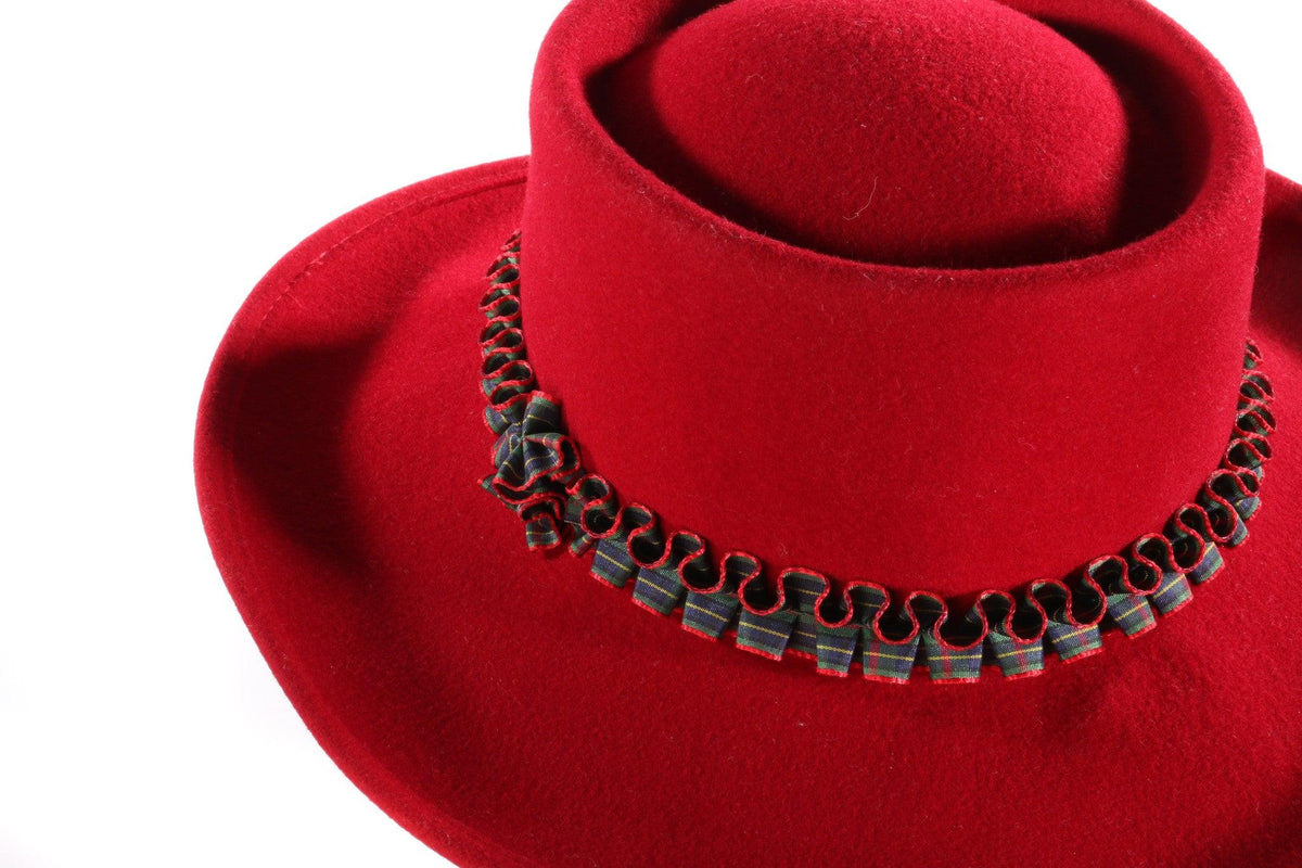 Red Felt Hat with Tartan Ribbon Detail 56cm - Ava & Iva