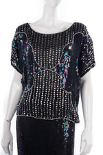 Pure Silk Two Piece Top and Skirt Black and Silver Sequinned Size 14/16 - Ava & Iva