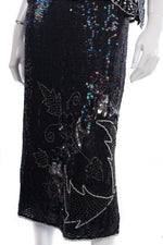 Pure Silk Two Piece Top and Skirt Black and Silver Sequinned Size 14/16 - Ava & Iva