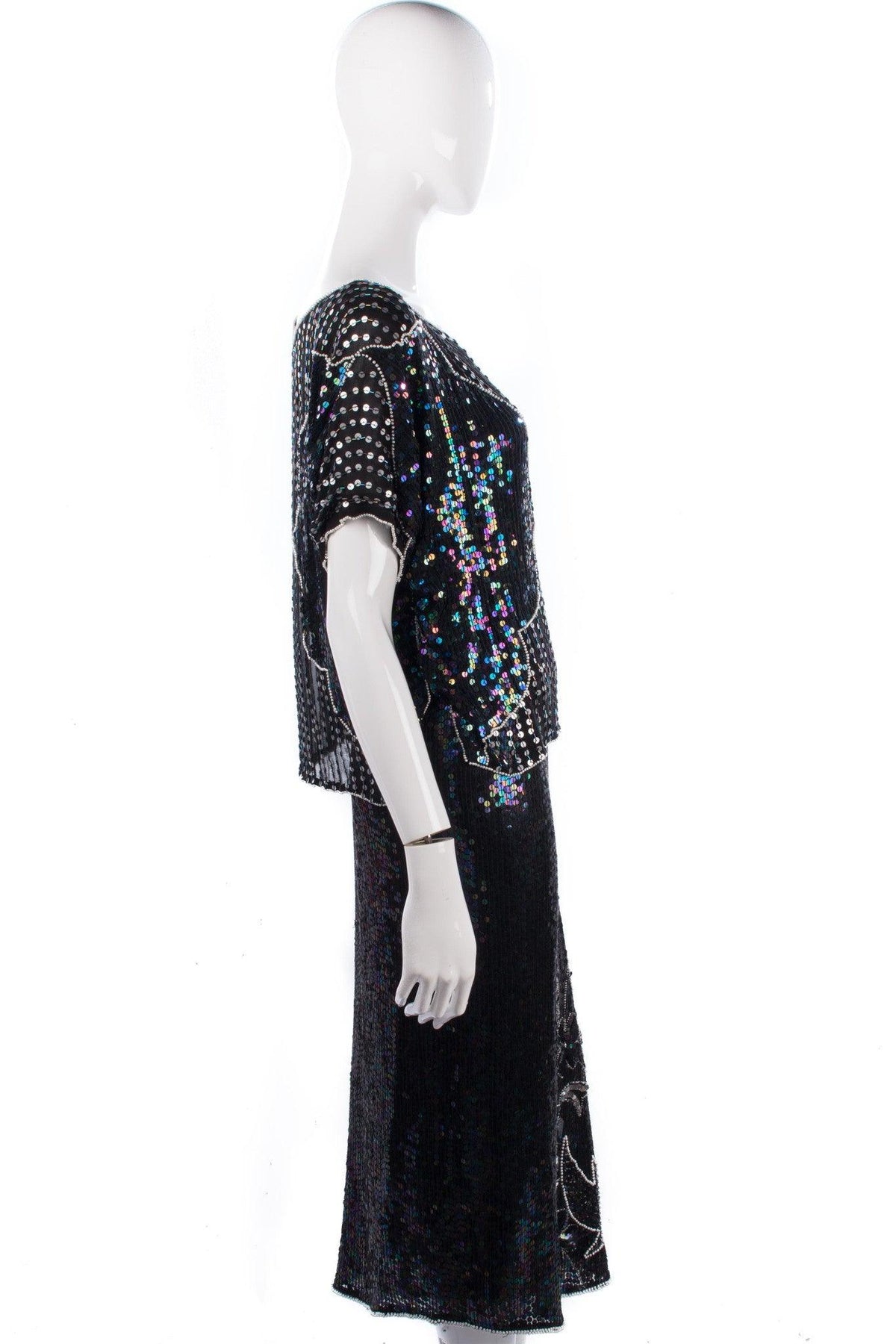 Pure Silk Two Piece Top and Skirt Black and Silver Sequinned Size 14/16 - Ava & Iva