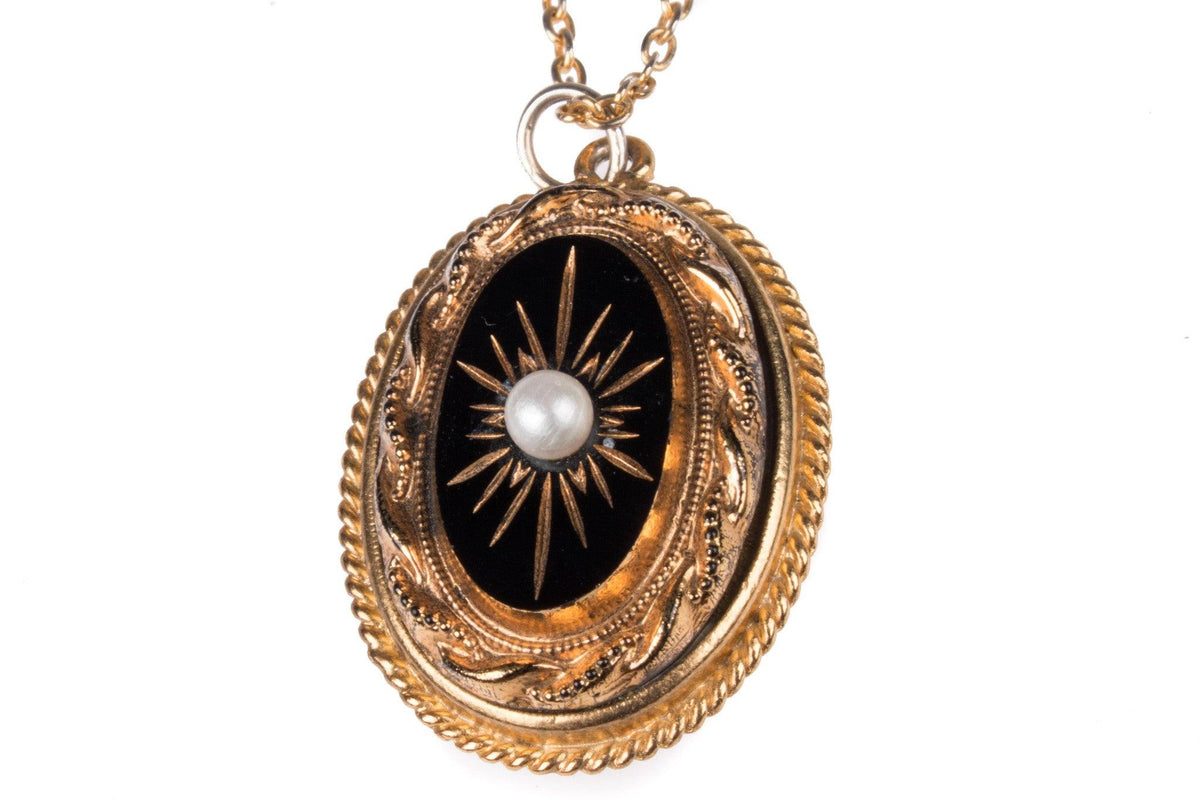 Sphinx gold tone necklace with black pendant and pearl centre - Ava & Iva