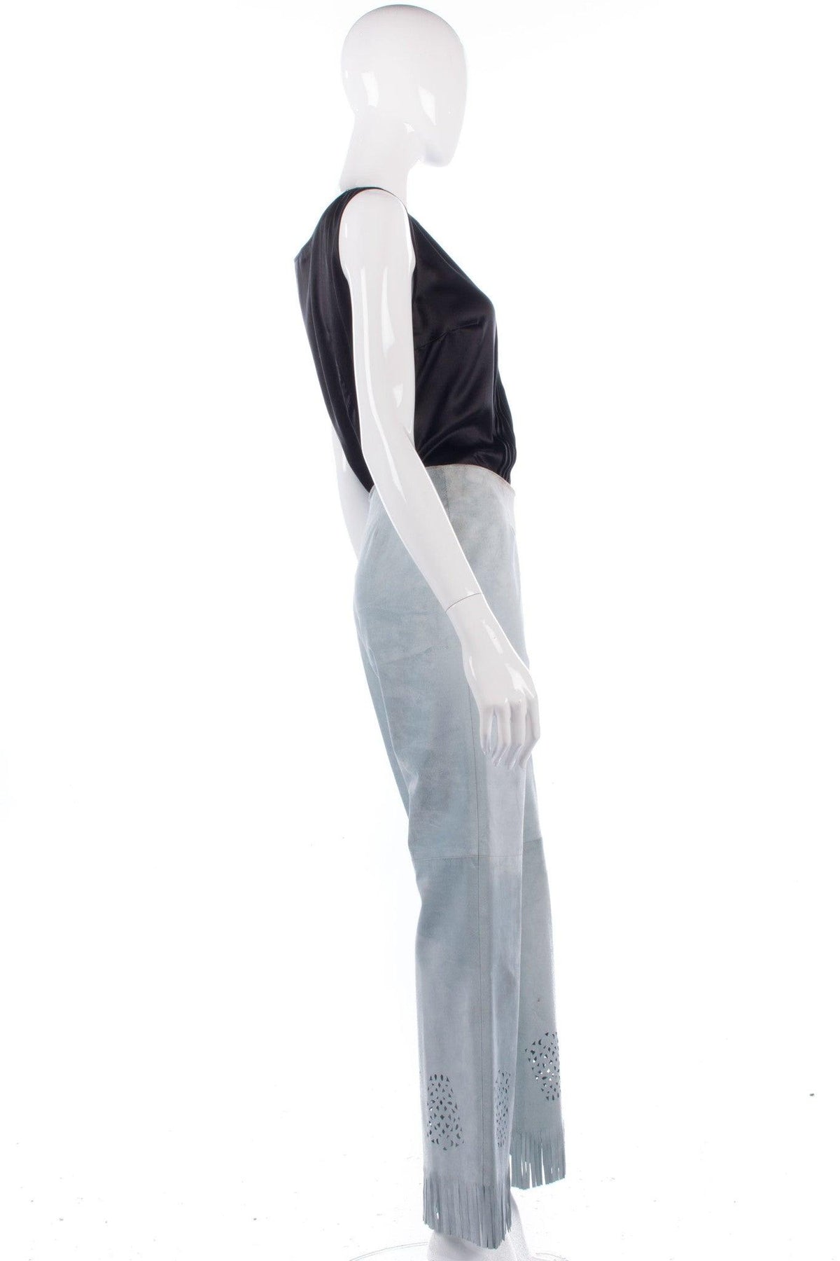 Pale blue designer suede fringed trousers, made in Italy. size 8 - Ava & Iva