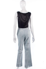Pale blue designer suede fringed trousers, made in Italy. size 8 - Ava & Iva