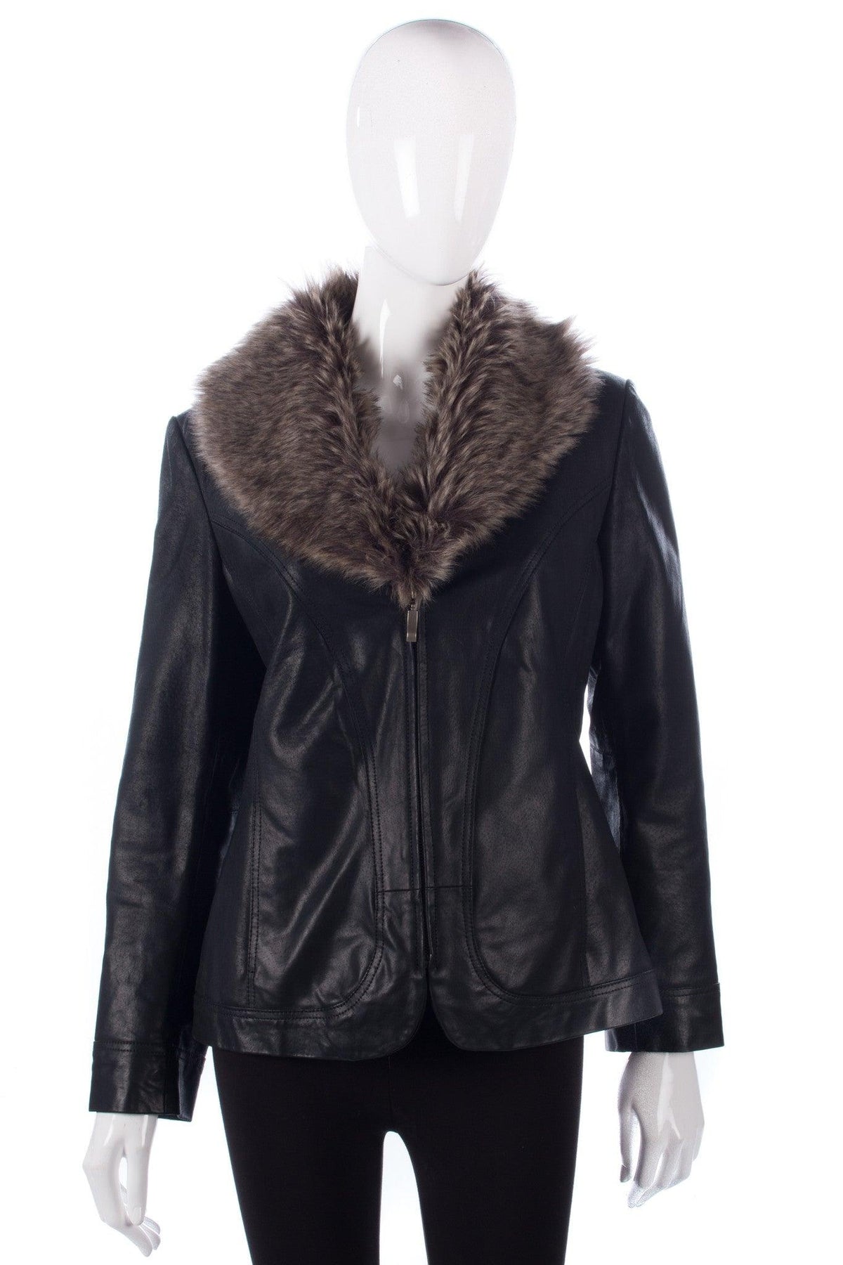 Wallace Sacks Leather Jacket with Faux Fur Collar Black UK Size 12 - Ava & Iva