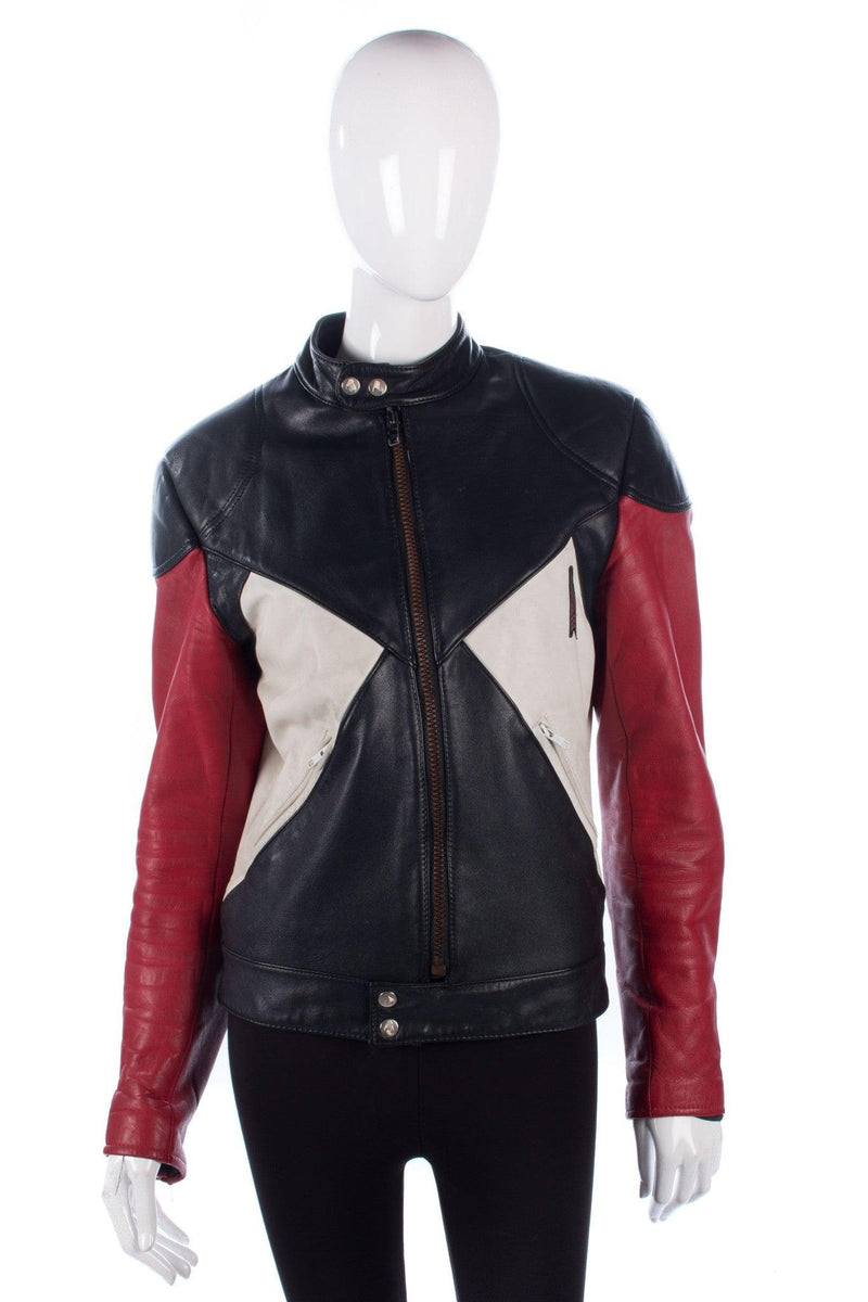 Krawehl Leder Leather Biker Jacket Black Red and Cream UK Size 12/14 - Ava & Iva