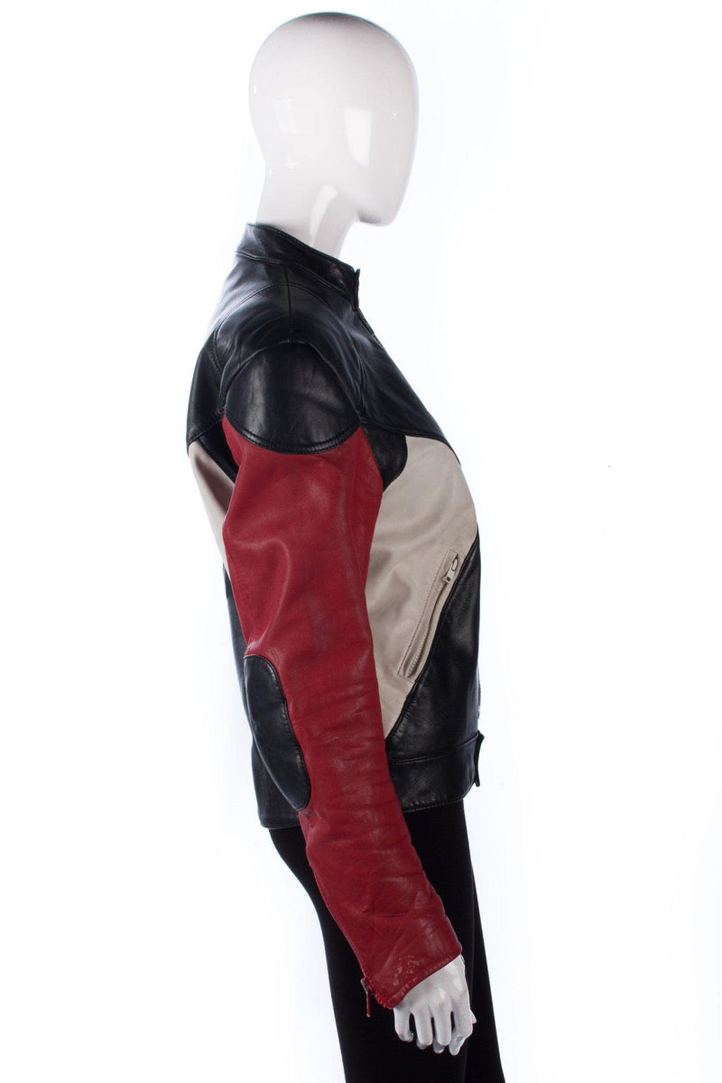 Krawehl Leder Leather Biker Jacket Black Red and Cream UK Size 12/14 - Ava & Iva