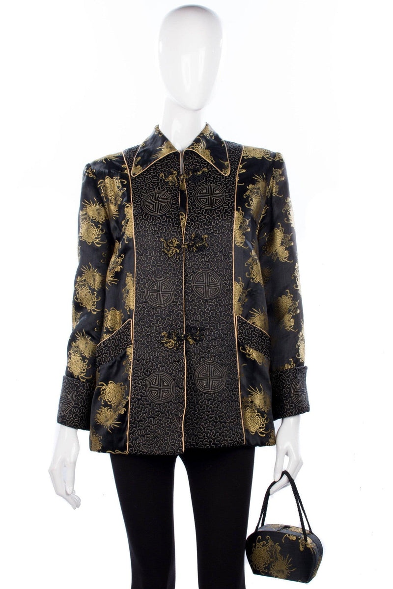 Arjan Hong Kong Padded Chinese Jacket and Bag Silk Black and Gold Size L - Ava & Iva