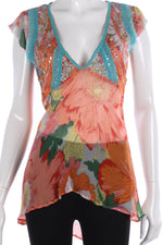 Antik Batik Cap Sleeve Top Beaded Silk Orange Floral Size M - Ava & Iva