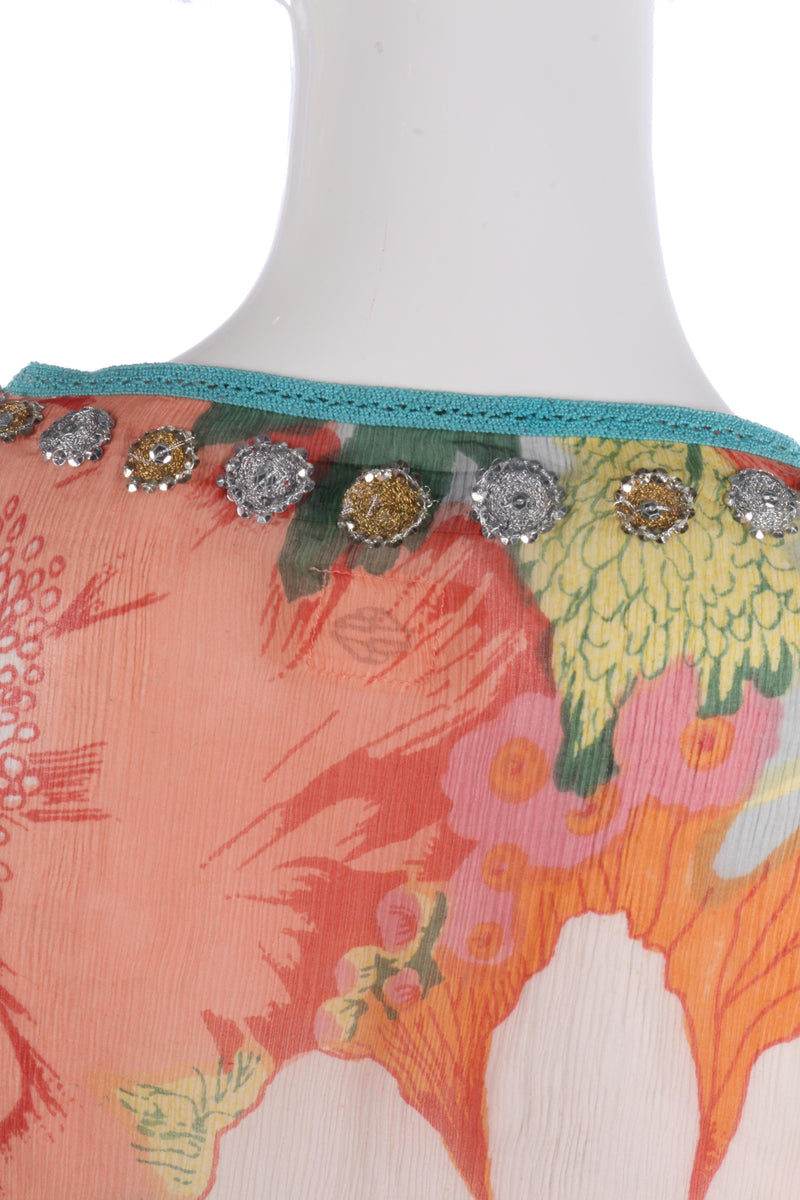 Antik Batik Cap Sleeve Top Beaded Silk Orange Floral Size M - Ava & Iva