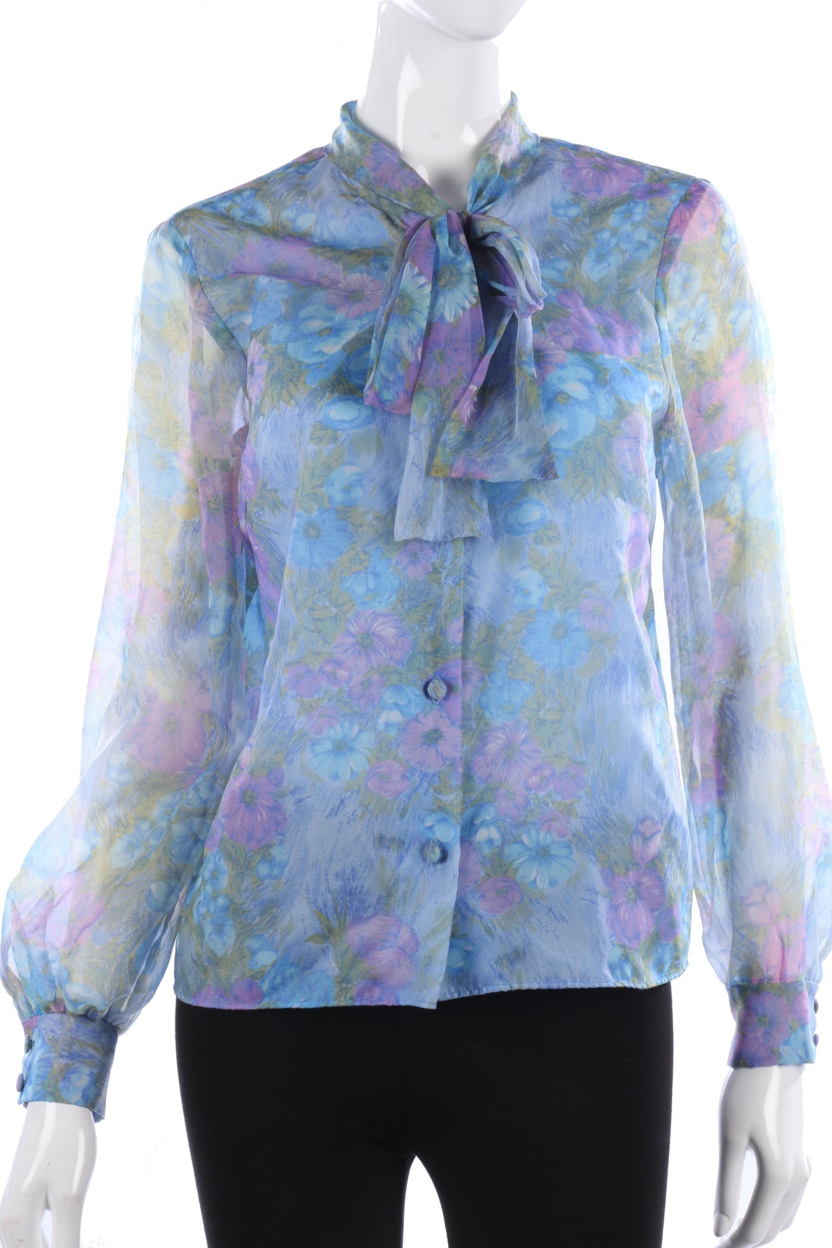 Lovely vintage blue floral blouse with a tie neck - Ava & Iva