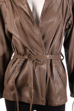 Real leather brown jacket with waist tie  detail