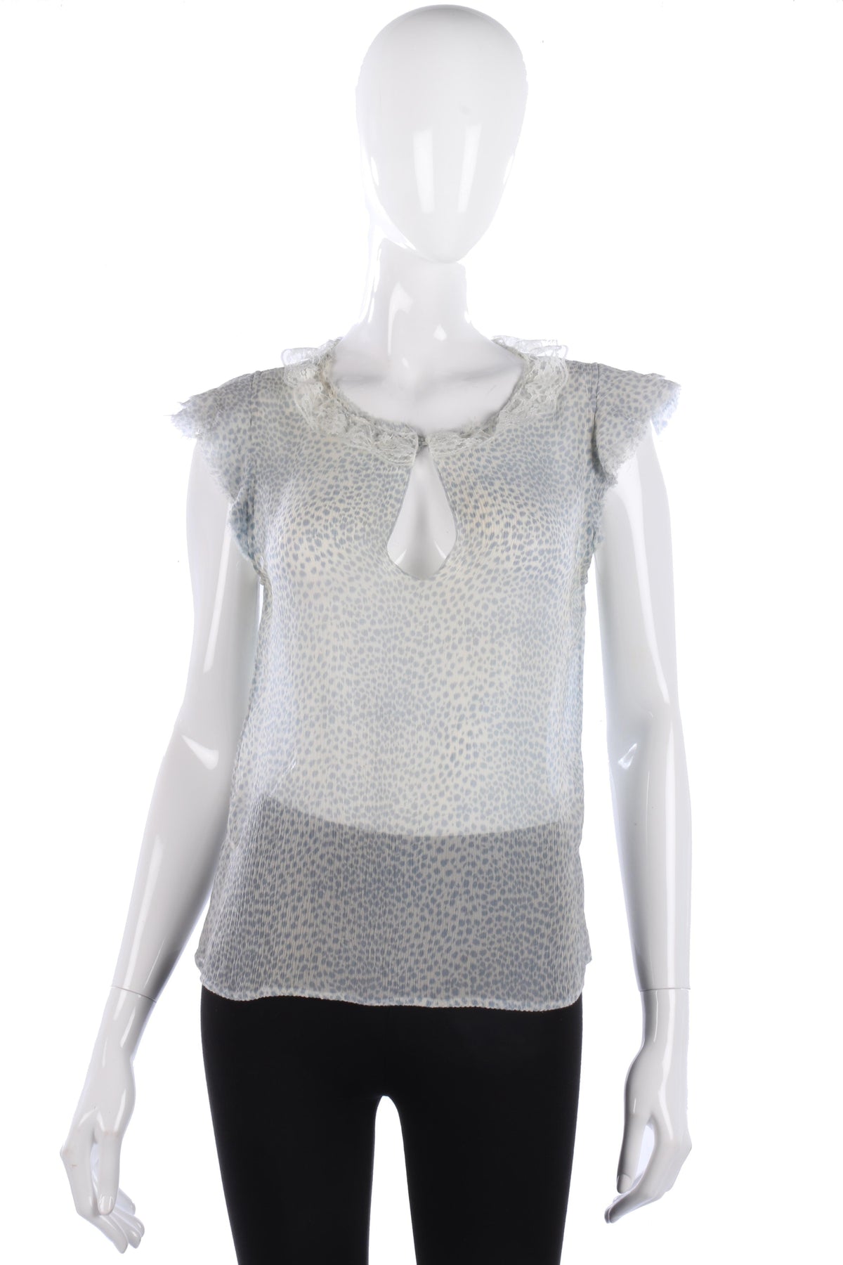 Jigsaw 100% Silk Top with Lace Collar Blue Animal Print Size 12 - Ava & Iva