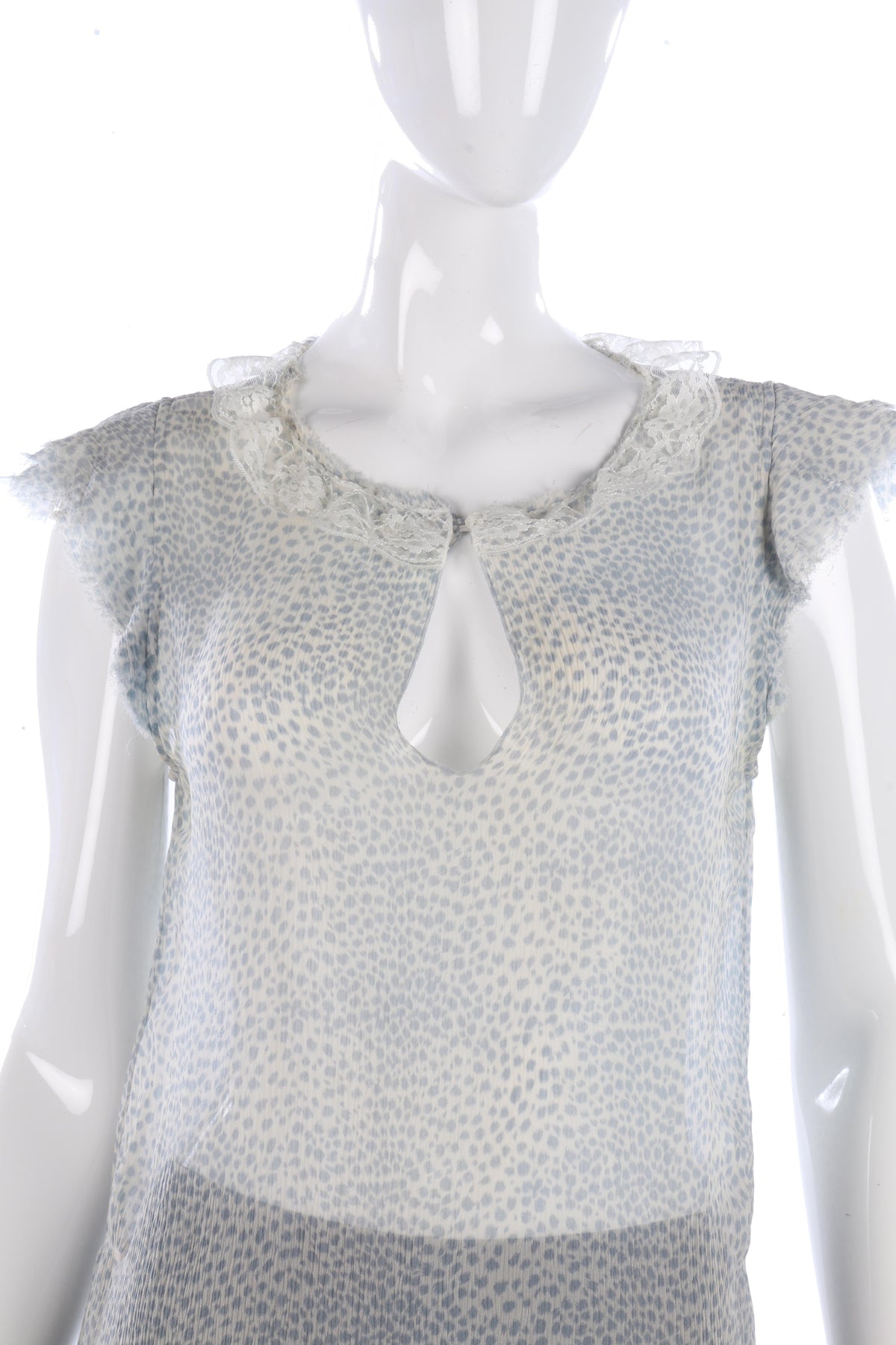 Jigsaw 100% Silk Top with Lace Collar Blue Animal Print Size 12 - Ava & Iva