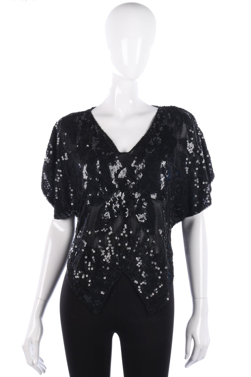 Vintage Silk Sequinned Butterfly Top Black Size M - Ava & Iva