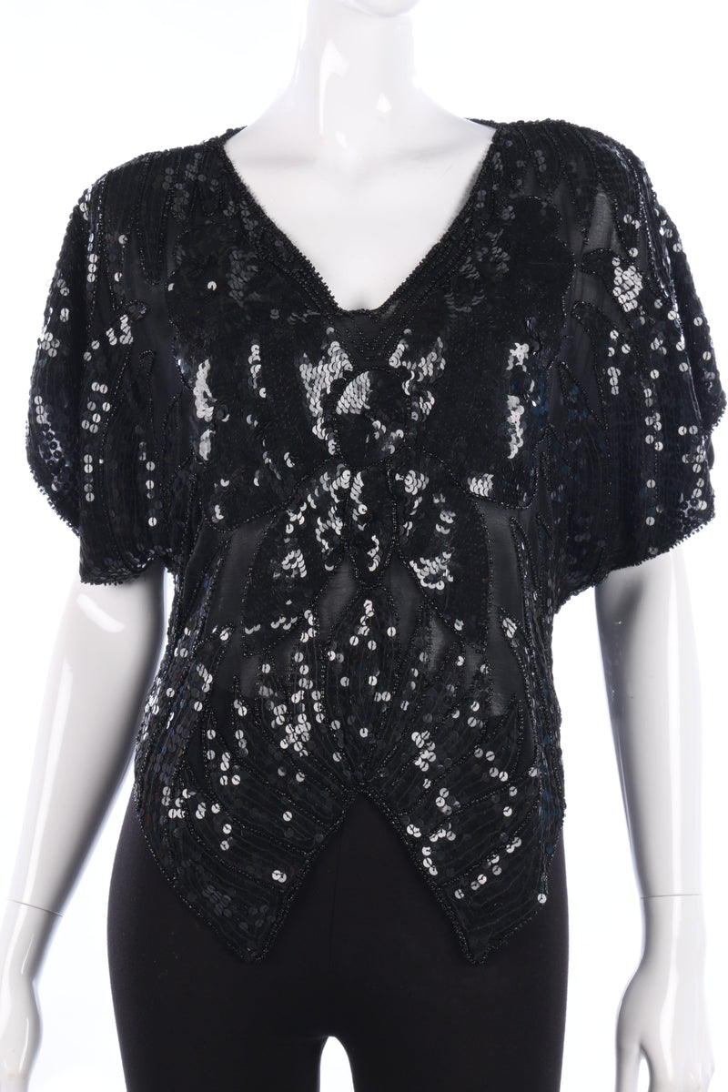 Vintage Silk Sequinned Butterfly Top Black Size M - Ava & Iva