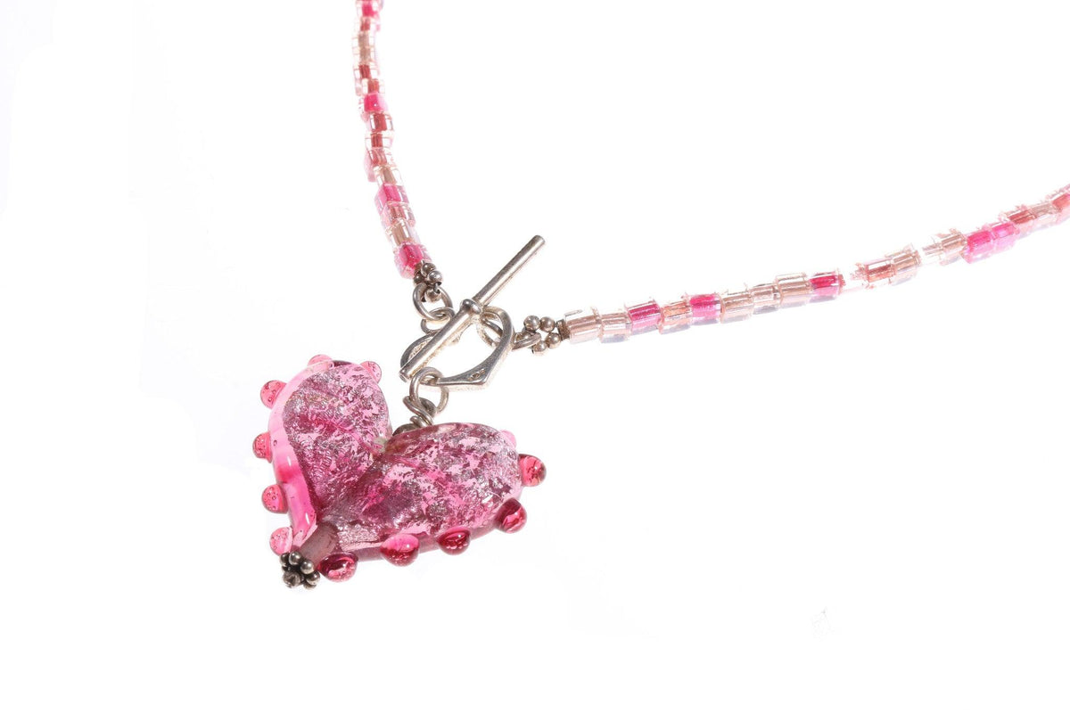 Pink glass necklace with heart pendant silver 925 marked clasp - Ava & Iva