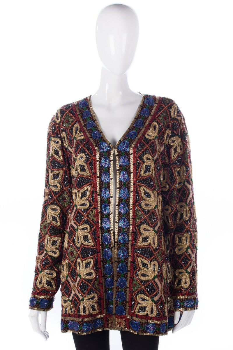 Gold, red and blue heavily beaded jacket. So beautiful and great for Xmas parties - Ava & Iva