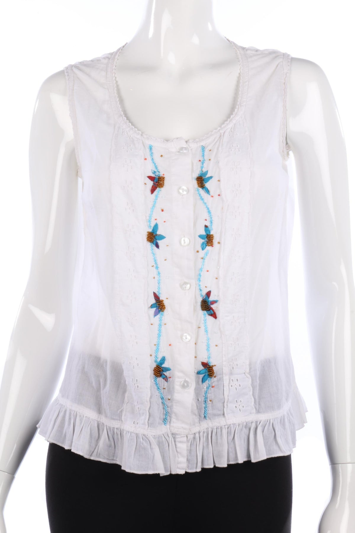 Odel Cotton White Sleeveless Top with Beading Detail Size M - Ava & Iva