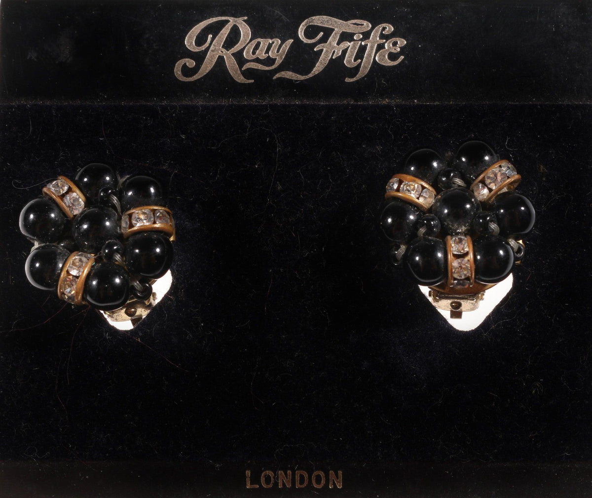 Ray Fife black beaded flower earrings detail