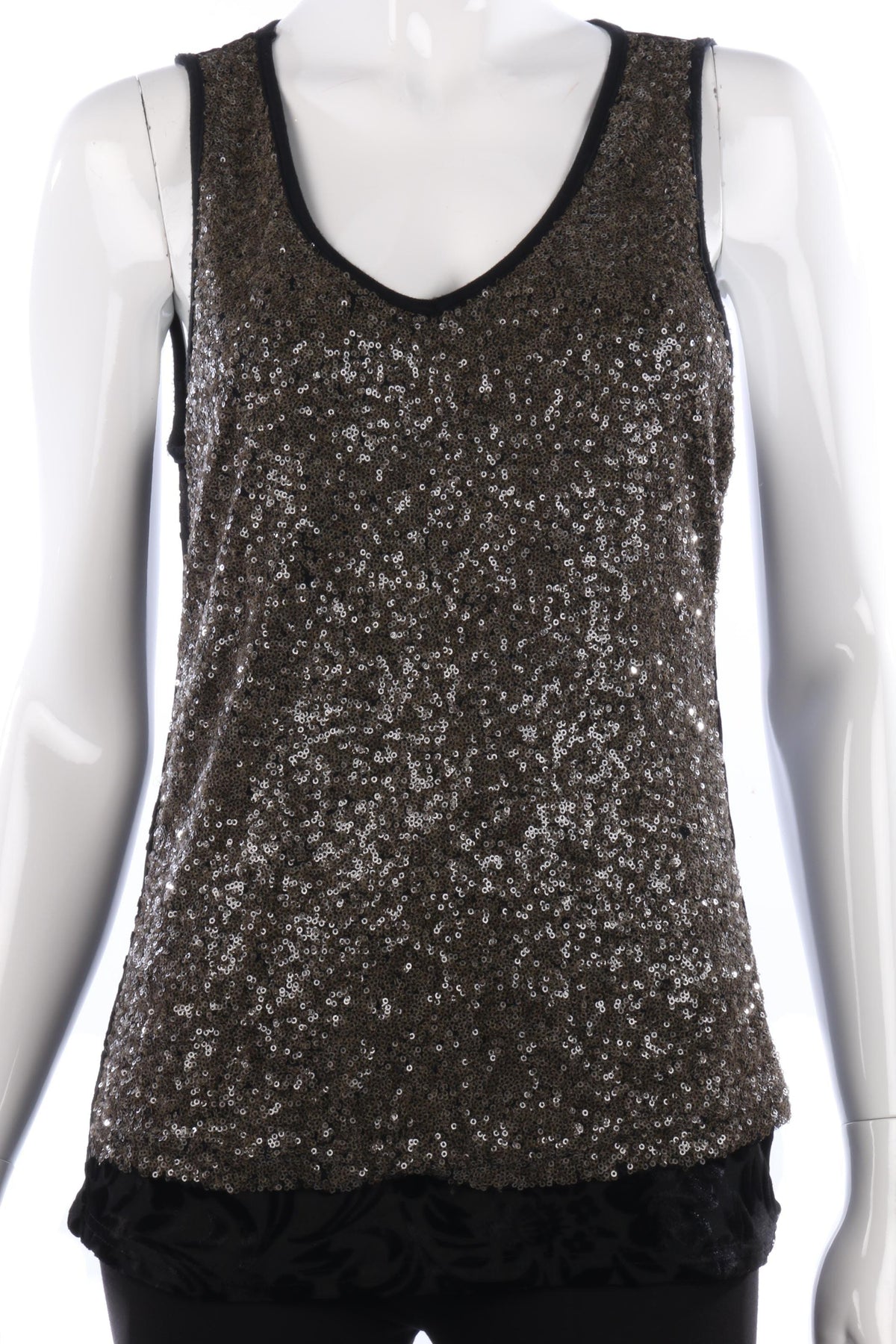 Cream Sleeveless Top Black Velvet with Metallic Sequins Size M - Ava & Iva