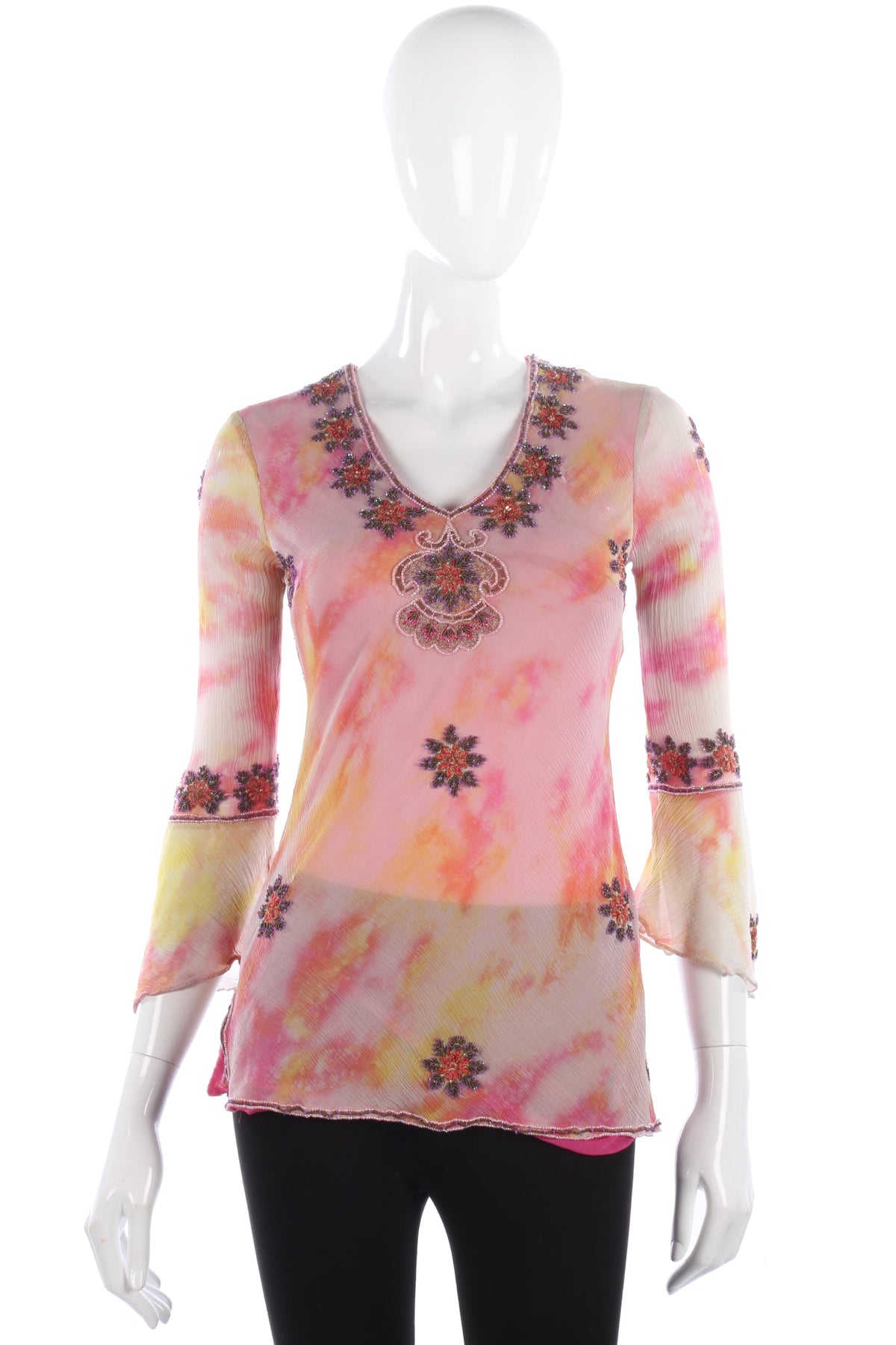 Aftershock 100% Silk Embroidered Top Orange and Pink Size S (UK8/10) - Ava & Iva