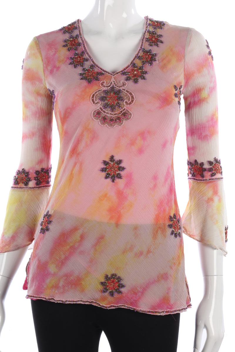 Aftershock 100% Silk Embroidered Top Orange and Pink Size S (UK8/10) - Ava & Iva