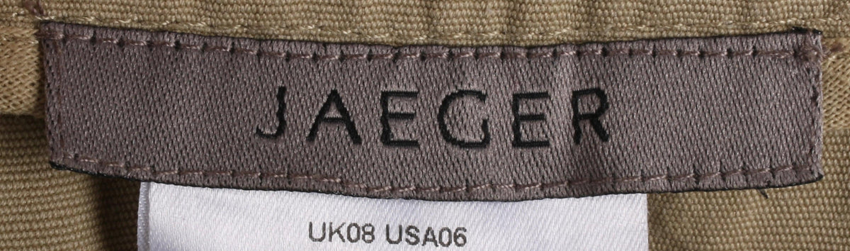 Jaeger Wraparound Skirt Linen Mix Khaki with Stripe Details Size 8 - Ava & Iva