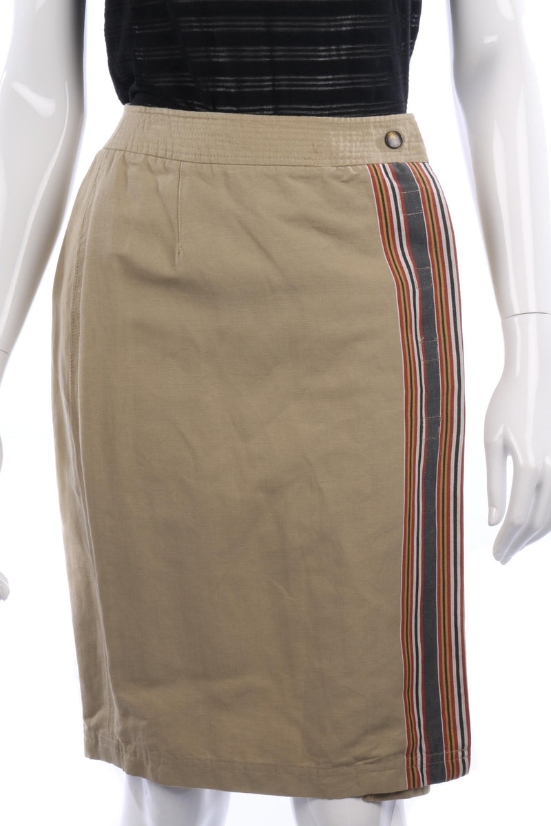Jaeger Wraparound Skirt Linen Mix Khaki with Stripe Details Size 8 - Ava & Iva