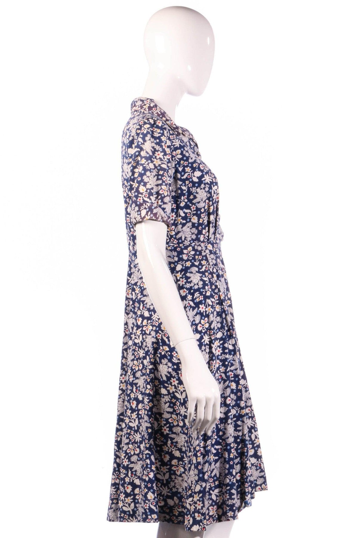 White and blue floral button up dress with collar side