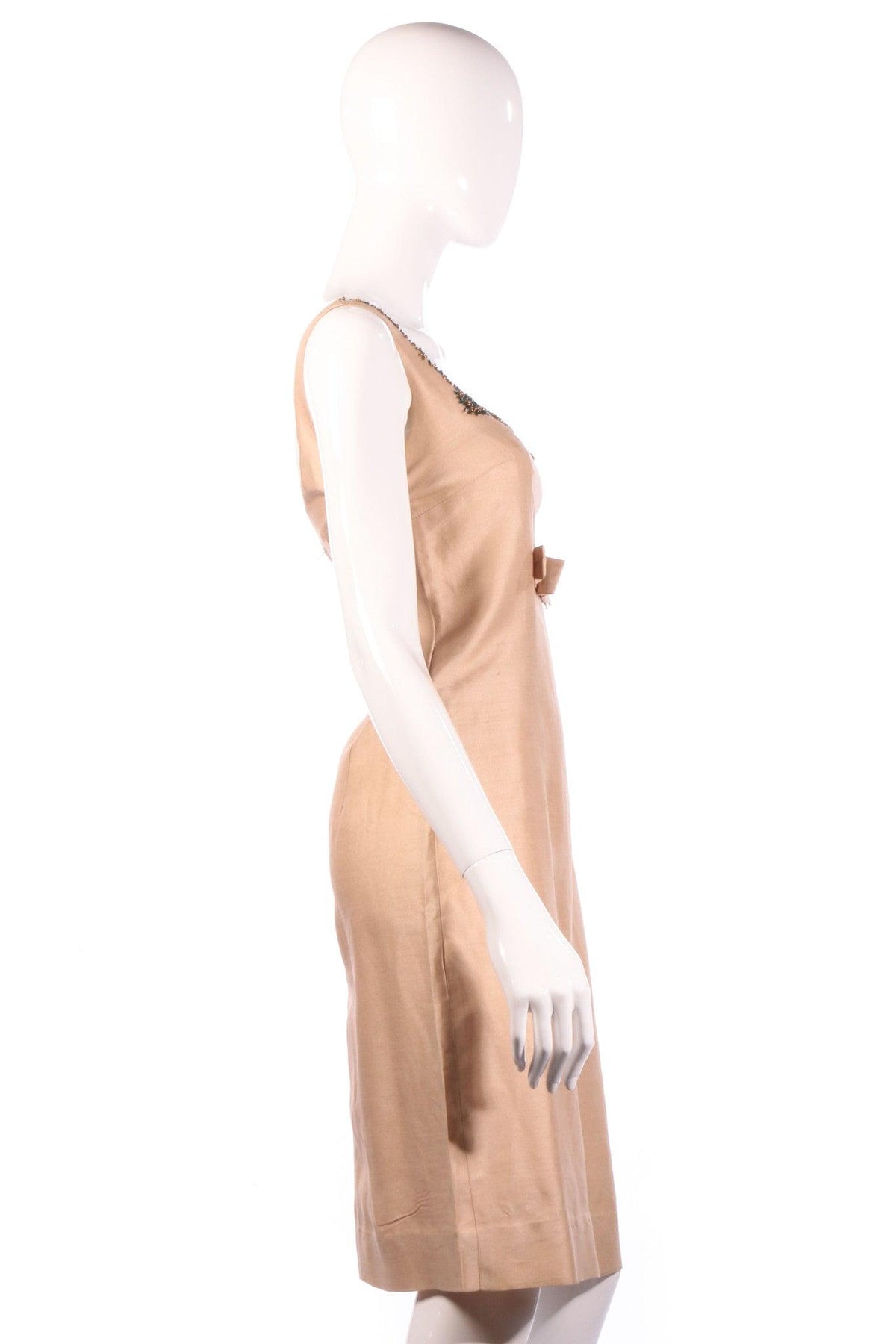 Beige cocktail dress with beaded neckline  side