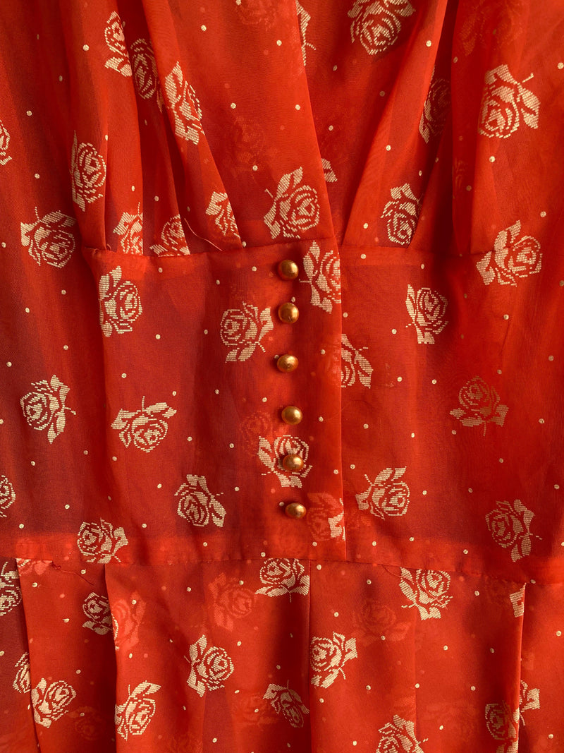 Vintage Red And Cream Floral Patterned Sleeveless Dress UK Size 14 - Ava & Iva