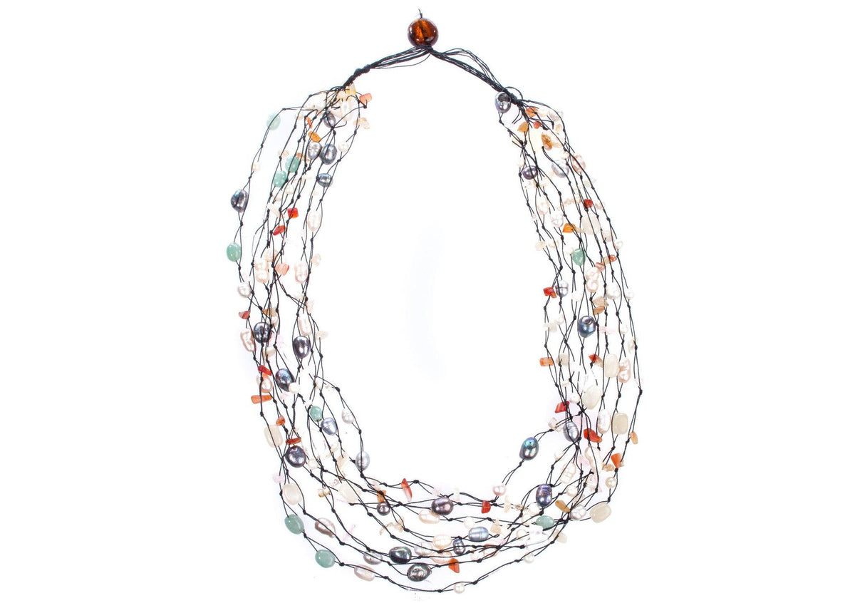 Semi precious stone necklace with fresh water pearls on cord - Ava & Iva