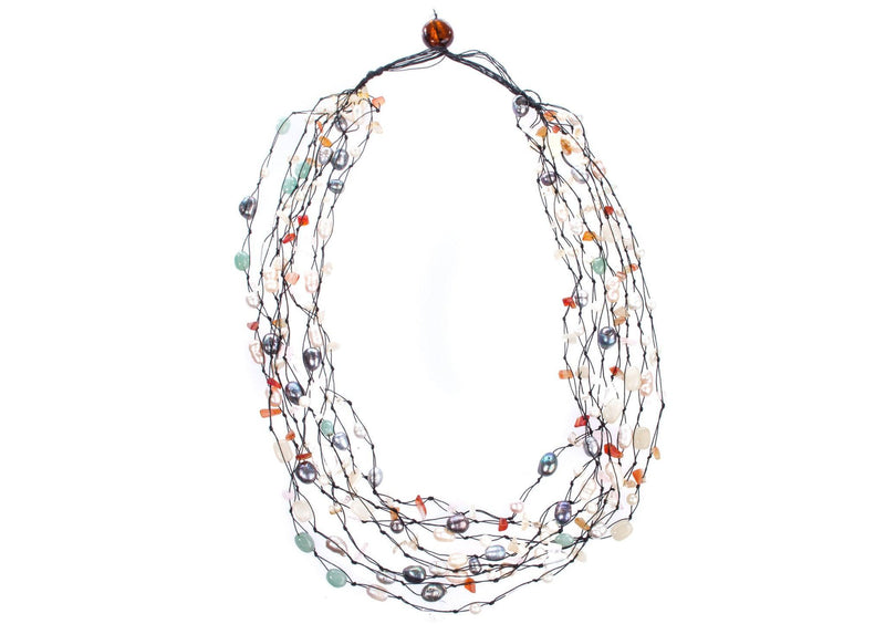 Semi precious stone necklace with fresh water pearls on cord - Ava & Iva