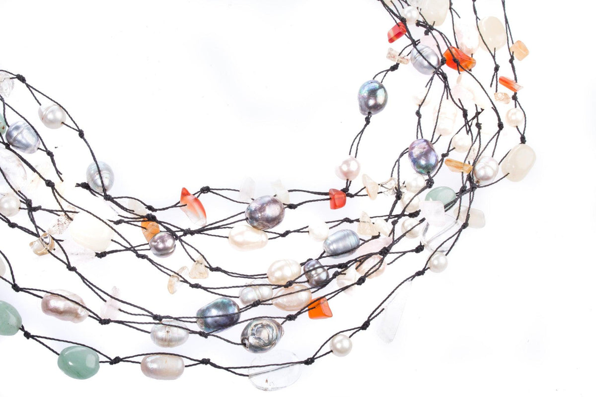 Semi precious stone necklace with fresh water pearls on cord - Ava & Iva