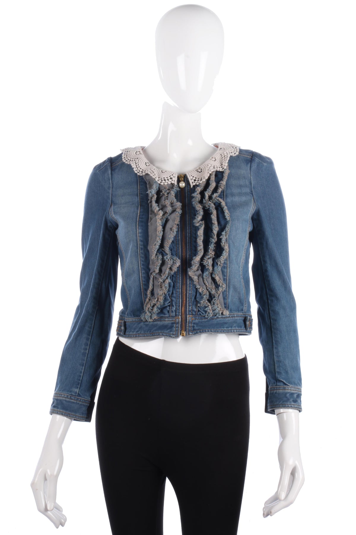 Fabulous Ochirly Blue Denim Jacket with Crotchet Collar Size S - Ava & Iva