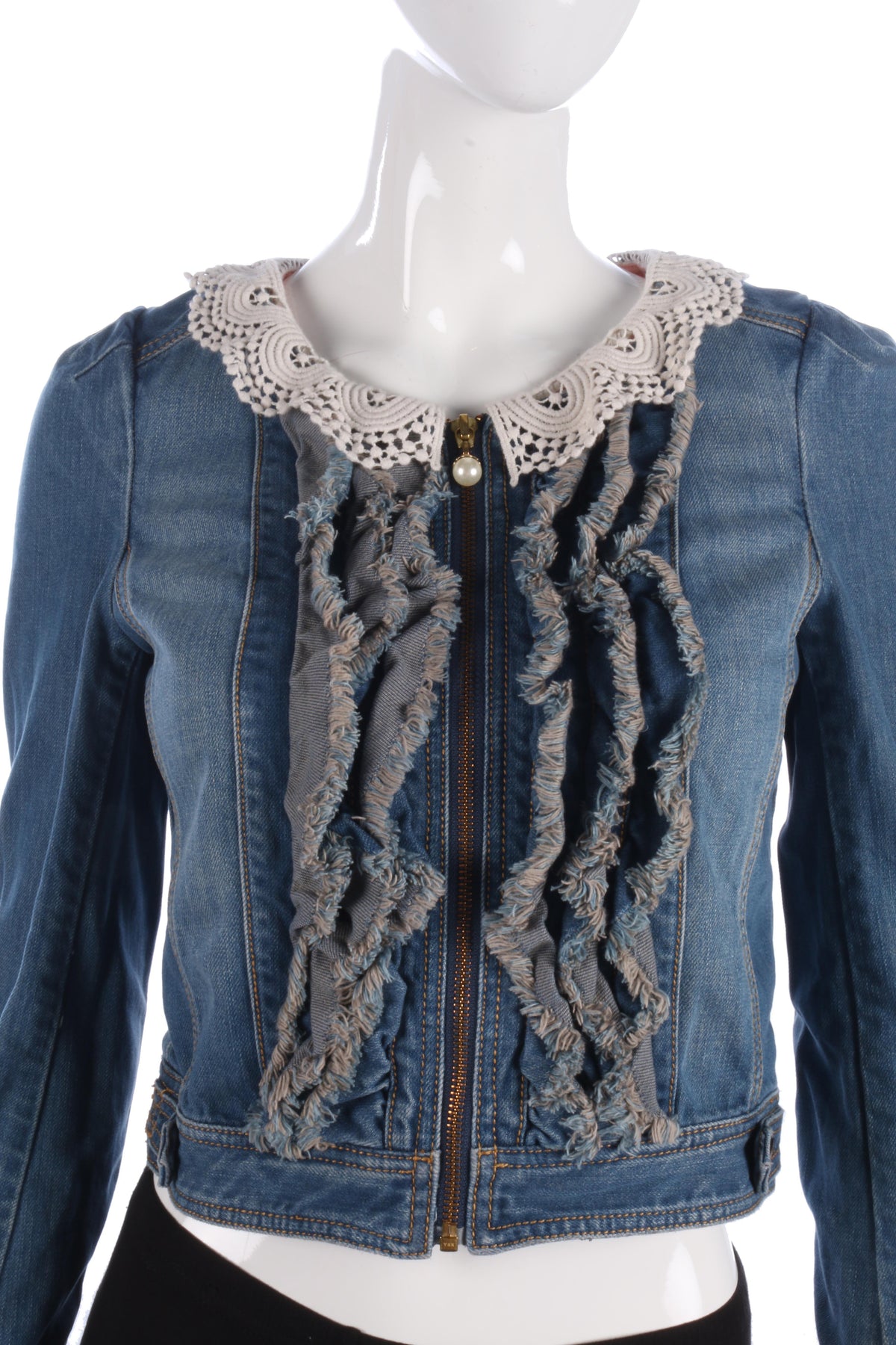 Fabulous Ochirly Blue Denim Jacket with Crotchet Collar Size S - Ava & Iva