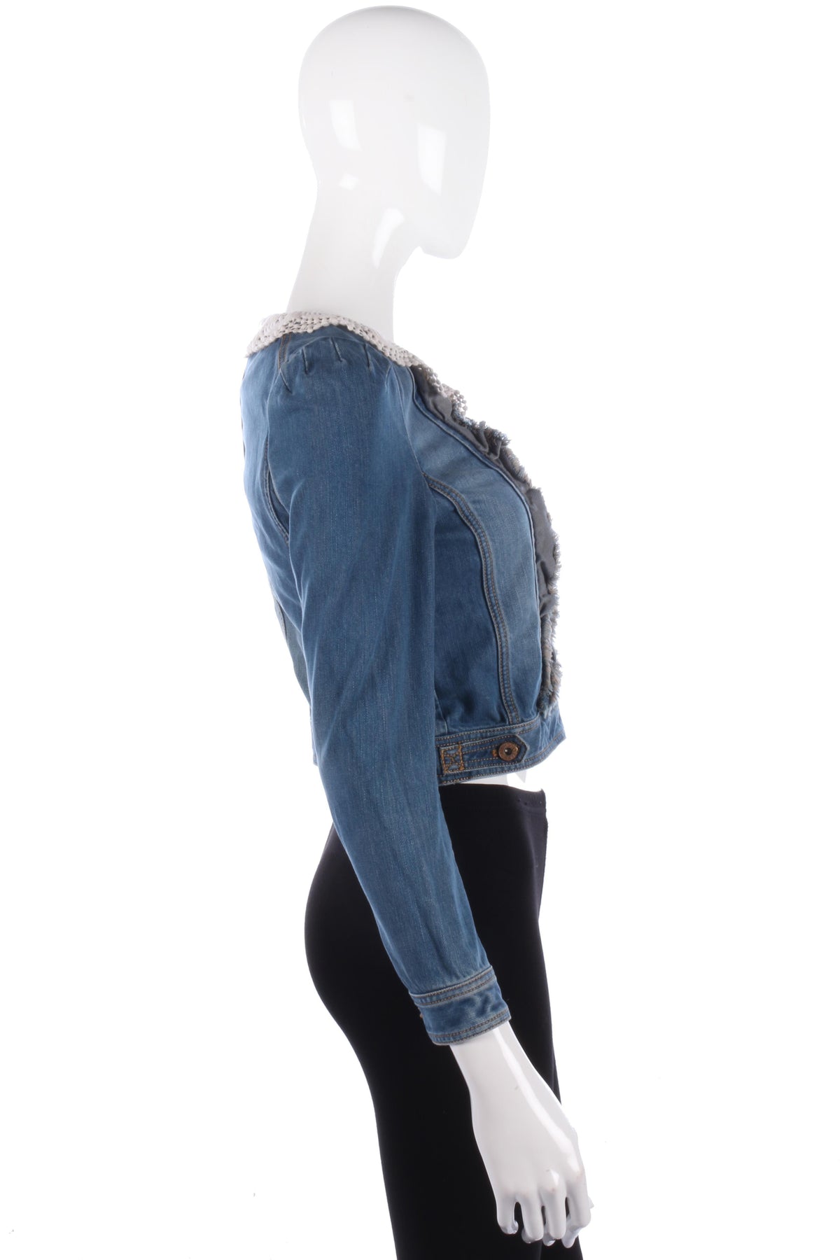 Fabulous Ochirly Blue Denim Jacket with Crotchet Collar Size S - Ava & Iva
