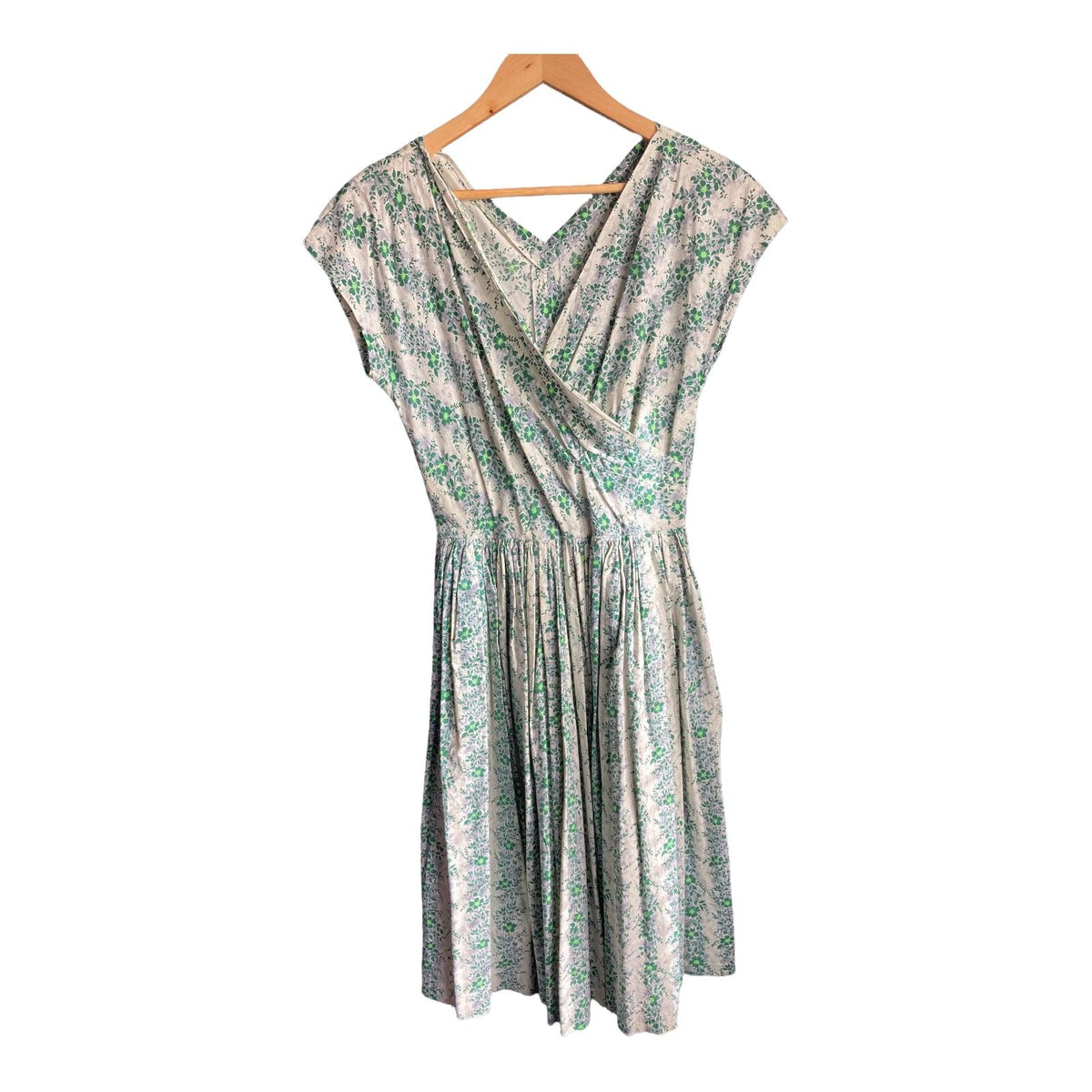 Vintage Cream And Green Floral Capped Sleeved Dress UK Size 6 - Ava & Iva