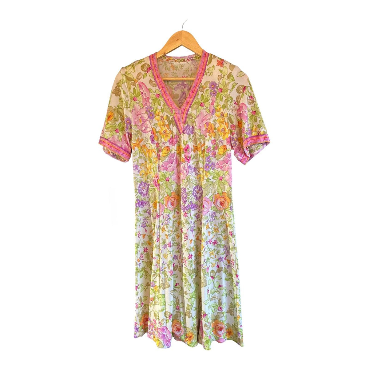 Vintage Pink, Purple And Green Floral Short Sleeved Dress UK Size 14 - Ava & Iva