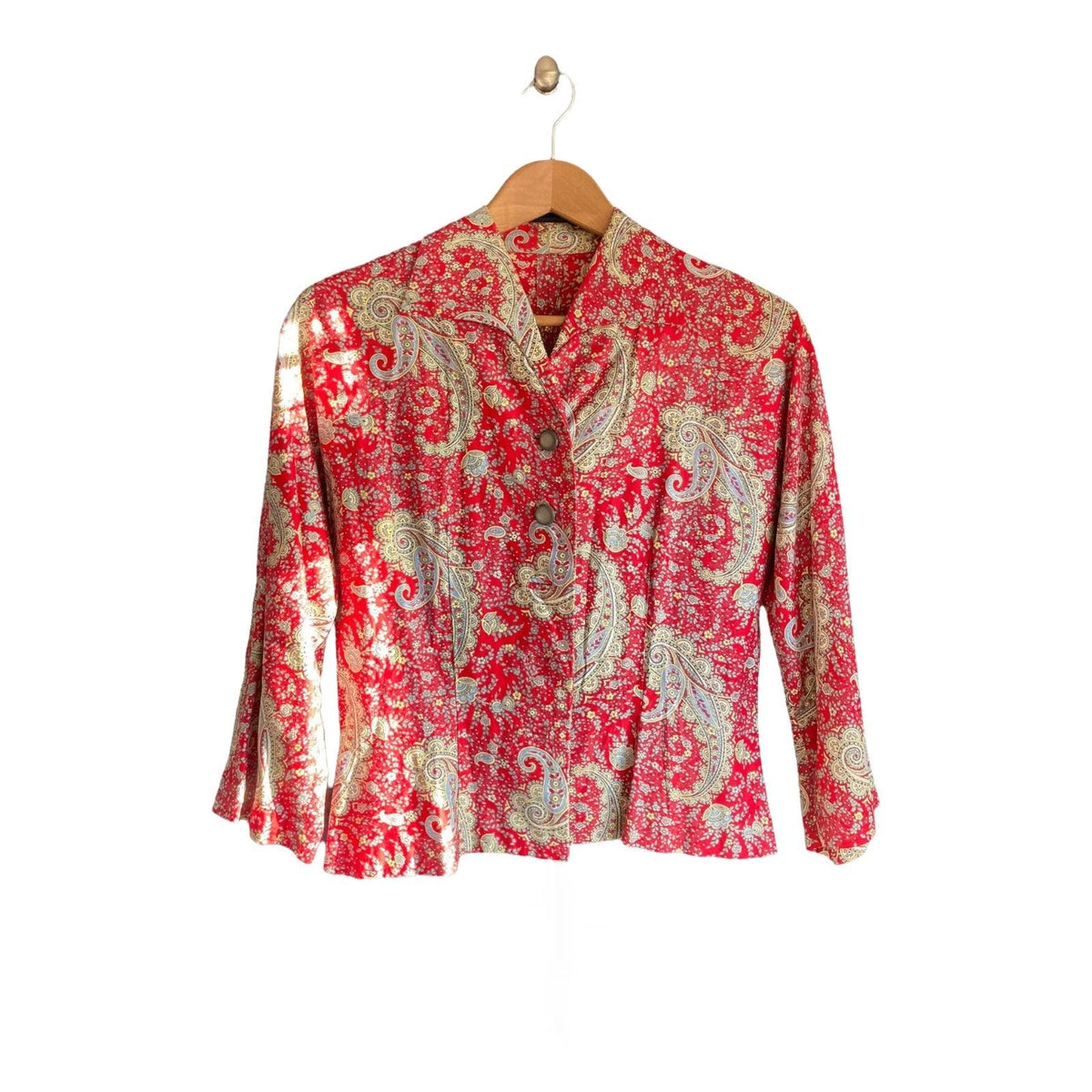 Vintage Cotton Red Paisley Patterned Cropped Sleeved Dress With Matching Jacket UK Size 14 - Ava & Iva