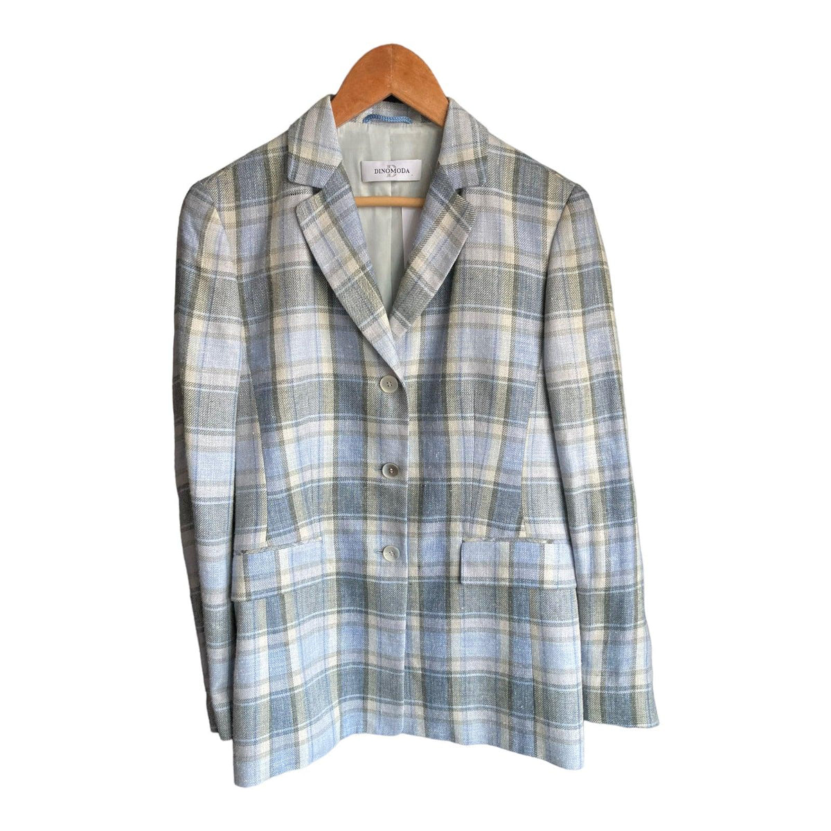Dinomoda Silk & linen Blend Pale Blue Checked Long Sleeved Jacket UK Size 8 - Ava & Iva