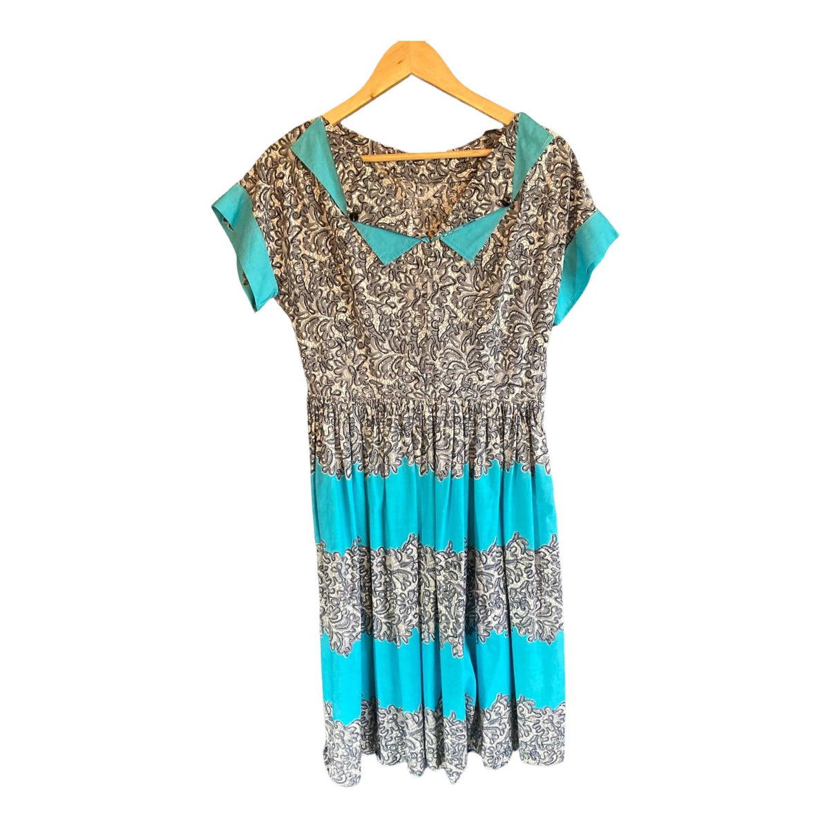 Vintage Cotton Teal and Black Patterned Short Sleeved  Dress UK Size 14. - Ava & Iva