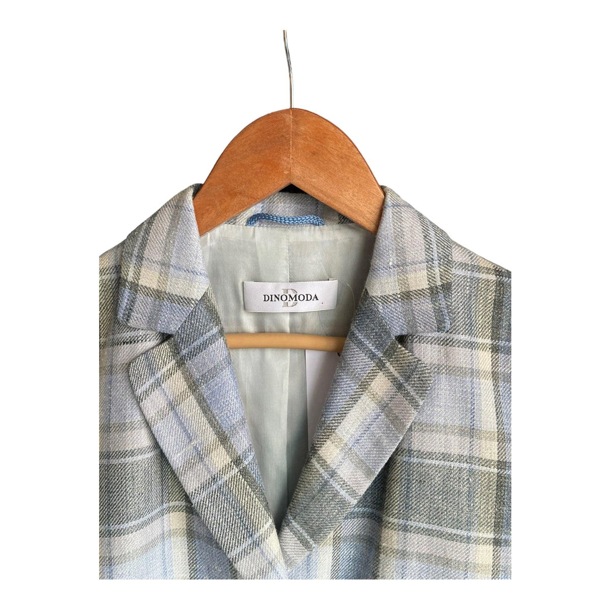 Dinomoda Silk & linen Blend Pale Blue Checked Long Sleeved Jacket UK Size 8 - Ava & Iva
