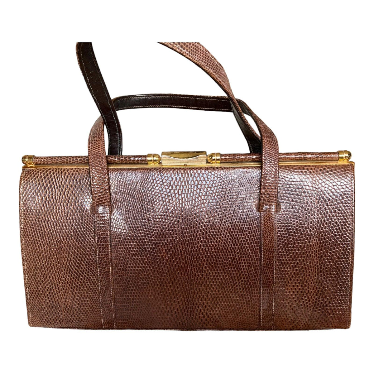 Vintage Genuine Lizard Brown Fixed Handle Handbag - Ava & Iva